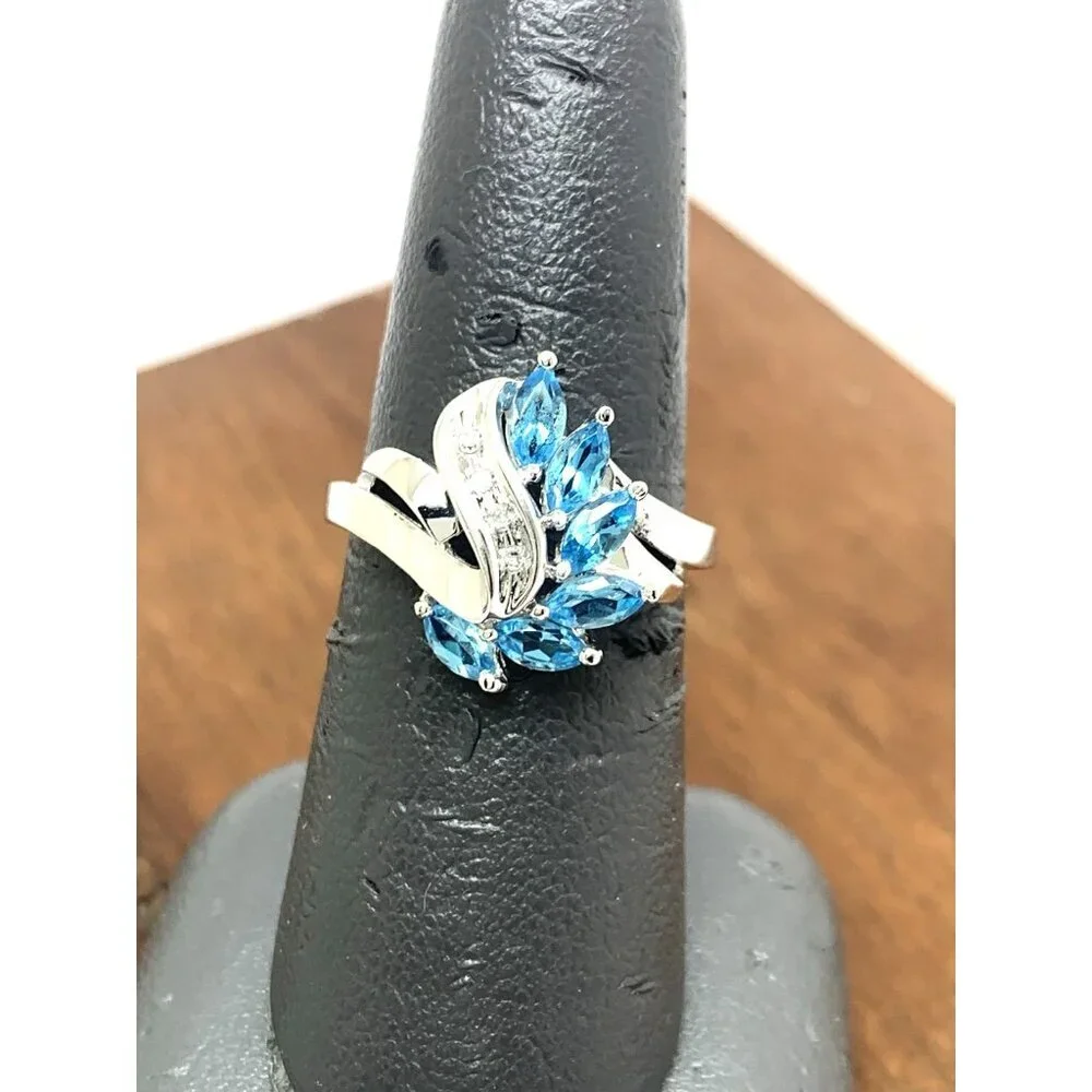 Blue Gemstone Diamond Cocktail Ring 10k White Gold Estate Jewelry Women's Size 7